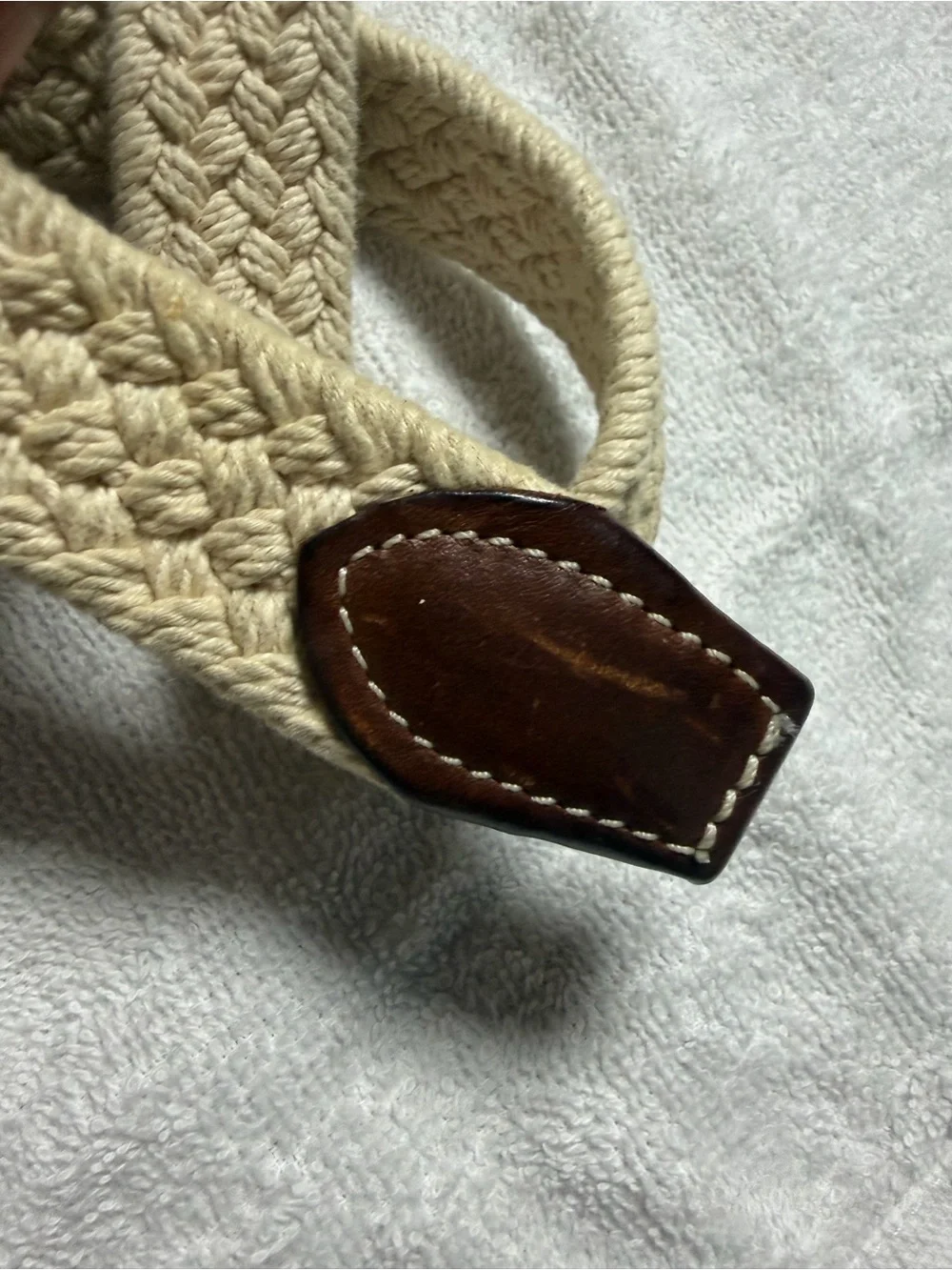 Cole Haan Cream Woven Rope Belt with Brown Leather Trim 40”